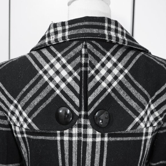 Express Plaid Coat Mod Academia Goth Classic Wool Blend Funnel Neck Long Peacoat - Picture 11 of 12